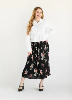 Black Floral Pleated Midi Skirt - FINAL SALE