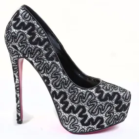 Lace Overlay Glitter Almond Toe Stiletto Platform Pump