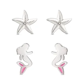 Mermaid and Starfish Stud Set in Sterling Silver