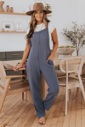 Seam Detail Faded Navy Crinkle Overalls