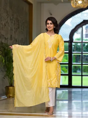 Yellow Thread Embroidered Viscose Kurta Pant And Dupatta Set With Thread & Mirror Work